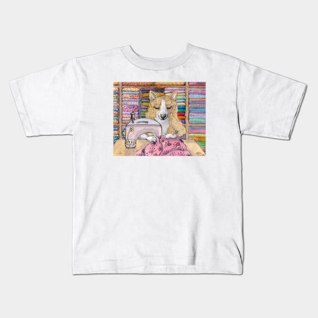 She was a dab paw with quilts, this corgi dog seamstress Kids T-Shirt by SusanAlisonArt